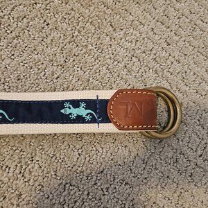 Leather Man Ltd Men's fabric & leather belt w/ grecko lizard motif & brass rings